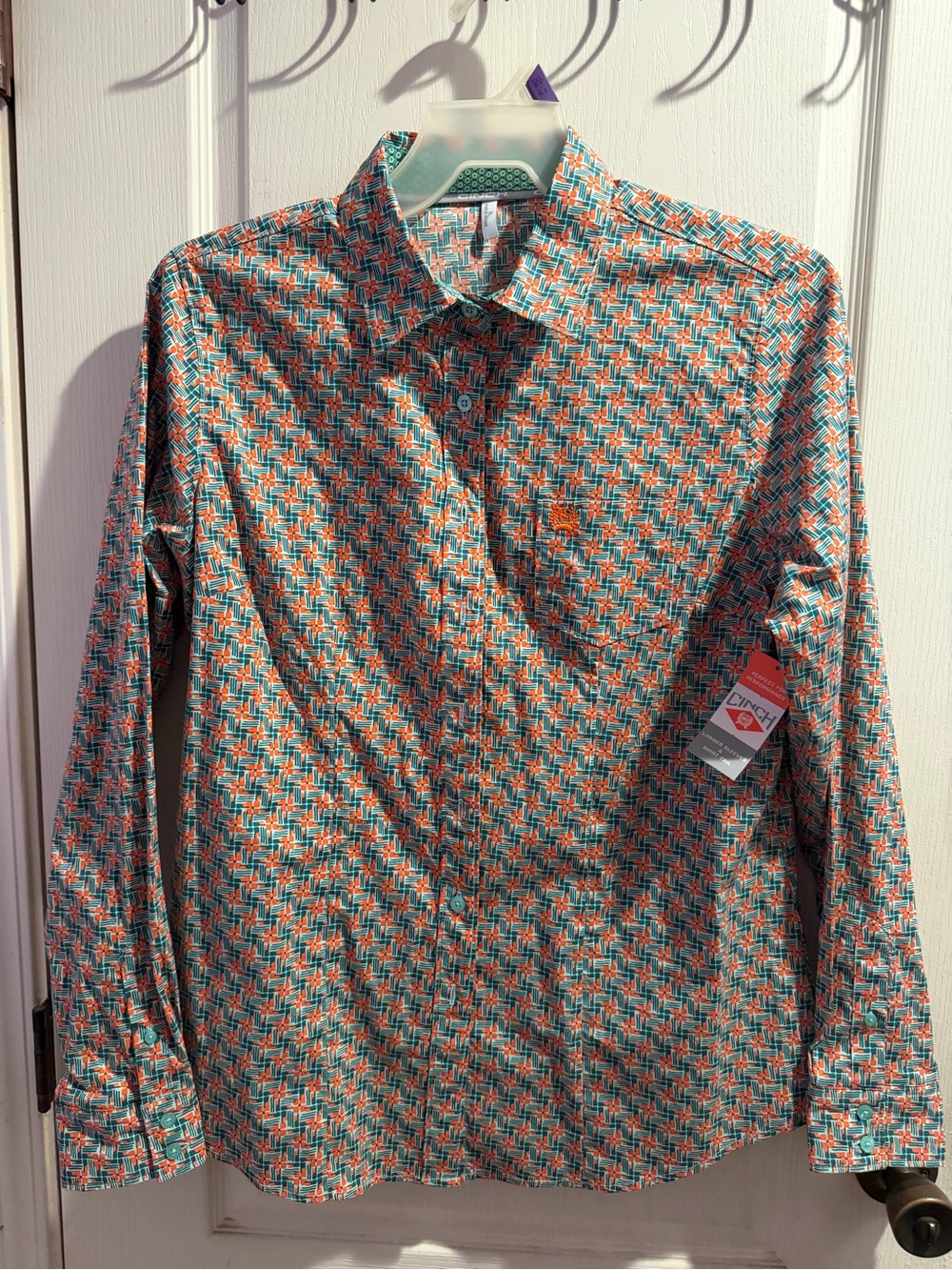 Cinch Women's Button-Down Shirt - Teal & Orange Geometric Print